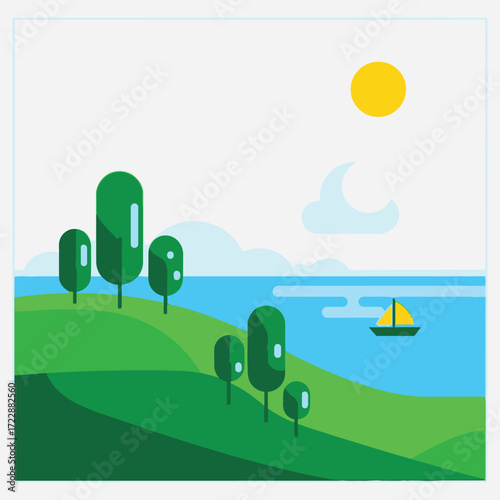 Flat Design Landscape with Rolling Hills, Trees, and a Sailboat on the Water Under a Sunny Sky
