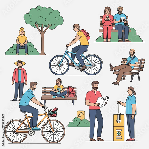 Vector illustration set of diverse cartoon people engaged in various outdoor park activities like cycling, relaxing on a bench, and reading