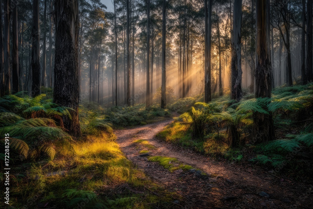 Naklejka premium Sunbeams pierce a misty forest path