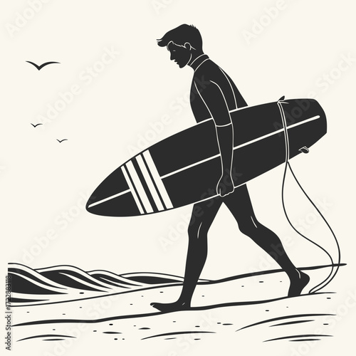 Surfer walking on the beach with surfboard in hand ready for the waves on a sunny day at the ocean
