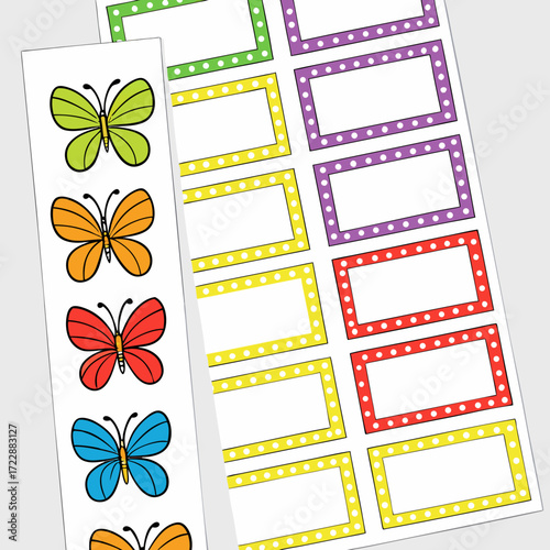 Colorful butterfly stickers and name tag labels for classroom organization and creative projects for teachers and students to use