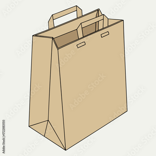 Brown paper shopping bag with handles isolated on a plain background in a minimalist style for retail and product packaging visuals