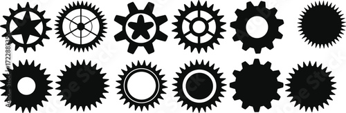 Gear shapes, mechanical vector, black and white illustration, abstract cogs, industrial design, engineering concept, machinery parts, decorative wheels, technology art, stock image