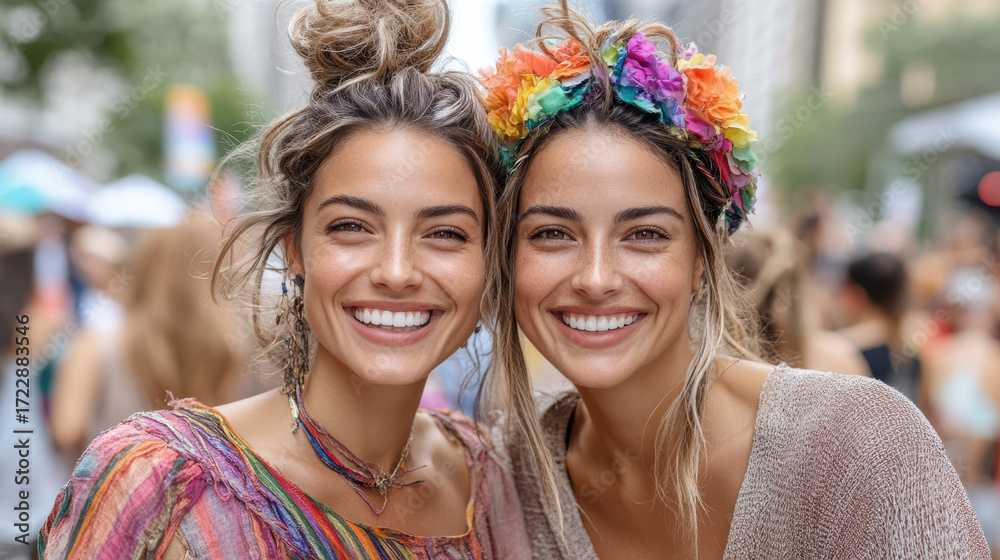 Fototapeta premium Joyful couple smiling together at vibrant festival, showcasing colorful attire and accessories