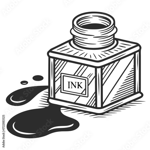 Classic inkwell with spilled ink, vintage calligraphy concept, artistic illustration for creative projects, retro design element, writing instrument