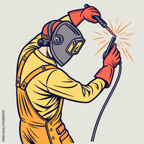 Skilled welder hard at work fusing metal together with precision, wearing protective gear, creating sparks and a strong bond, durable illustration