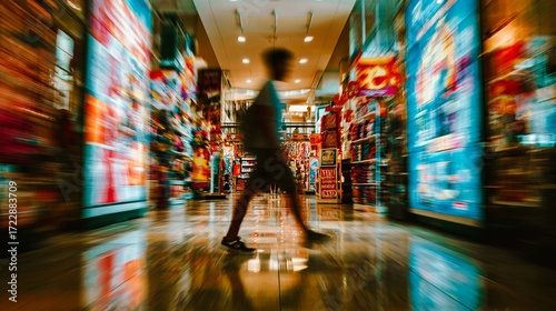 Wallpaper Mural Blurred figure walking through a vibrant souvenir shop. A person walks through a colorful souvenir storefront with a motion blur effect, creating a sense of movement and dynamic energy. Urban scene. Torontodigital.ca