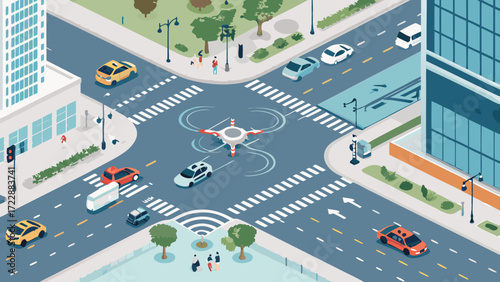 Isometric City Intersection with Drone Cars Buildings and Pedestrians