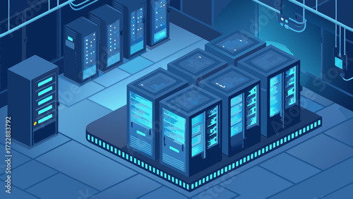 Isometric View of a Data Center with Server Racks and Blue Lighting