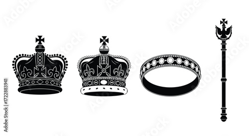 Royal regalia symbols two crowns a ring and a scepter for royalty and power vector