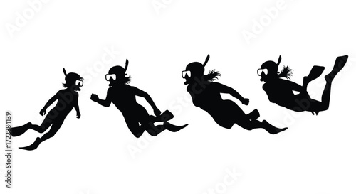 Group of divers in silhouette exploring underwater ocean depths dynamic pose vector