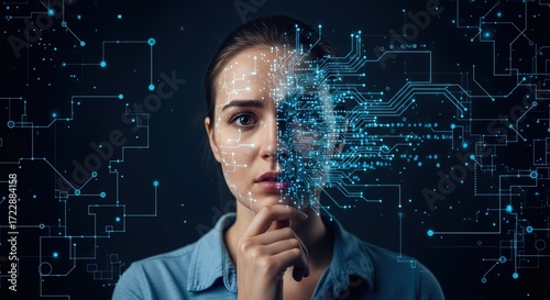 Young Woman with Digital Circuit Face Half Overlay Concept