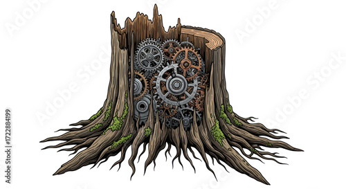 Steampunk nature old growth time machine gears mechanisms conceptual integration