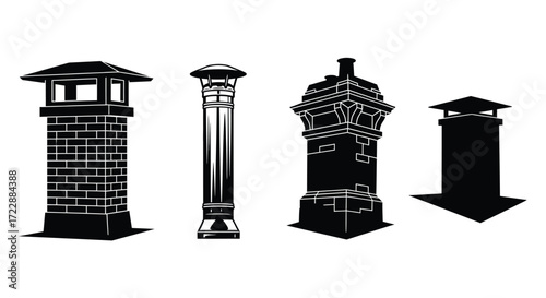 Set of four ornate and modern chimney pots silhouettes architectural design elements vector