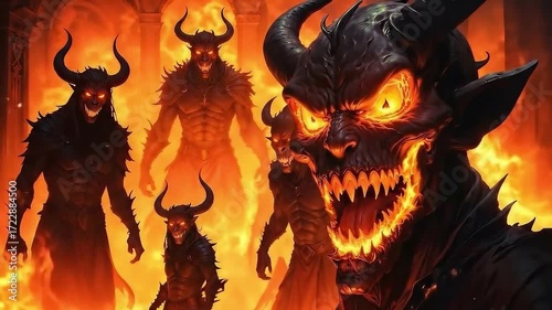 Devils and demons in hell.  Satan, Lucifer, Beelzebub, Asmodeus, Iblis. Biblical theme concept.