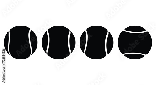 Four black tennis balls with white seams displayed in a row vector