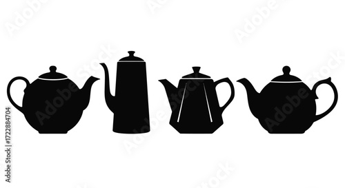 Silhouette collection of vintage teapots and coffee pots arranged in a row vector
