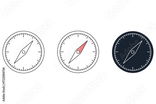 Illustration of a compass in three different styles the compass has a needle pointing north, with a dial marked with degrees