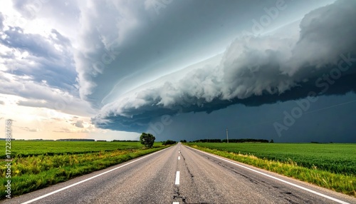 Ominous storm looms on distant horizon over a straight asphalt road bisecting vibrant green fields under a dynamic sky