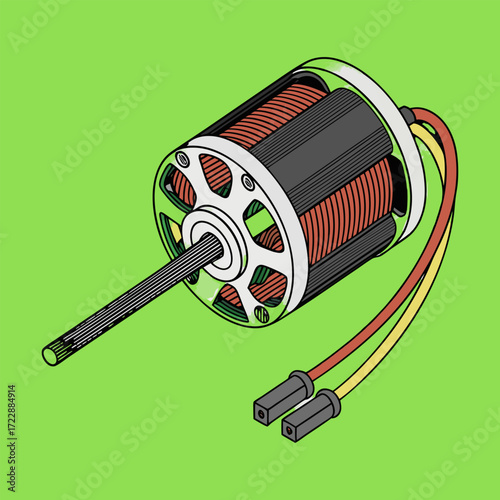 An isolated vector illustration of an electric car and battery plug with metal cable technology and auto power equipment on a white background.