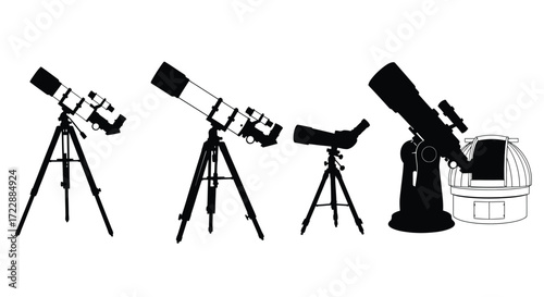 Diverse telescopes on tripod mounts for astronomy and space exploration visuals vector