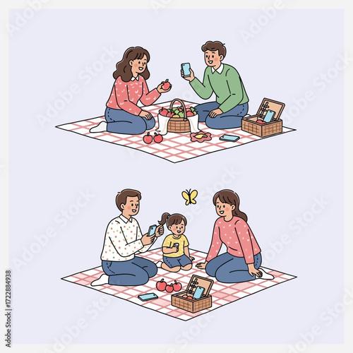 Family enjoying picnic together with modern technology in digital illustration