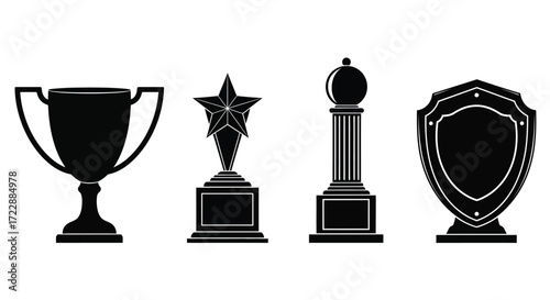 Collection of silhouetted trophies and awards representing victory and achievement vector