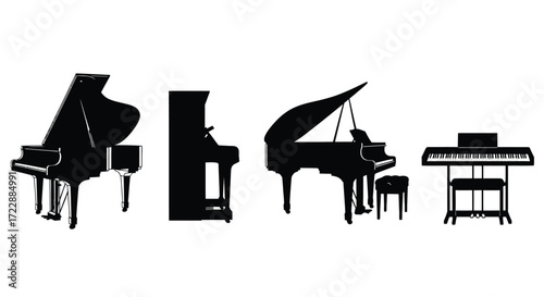 Collection of silhouette grand pianos and keyboard instrument showcasing musical instruments variety vector