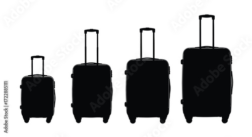 Set of four black silhouette rolling suitcases in various sizes for travel vector