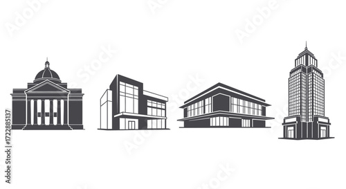 Collection of diverse architectural building styles modern classic historic cityscape elements vector
