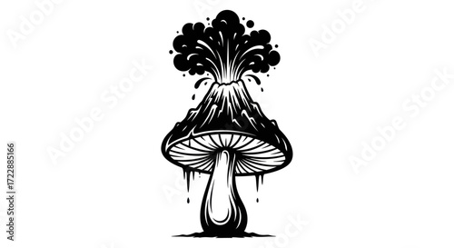 Surreal mushroom eruption artwork depicting a volcanic form with fungal elements isolated