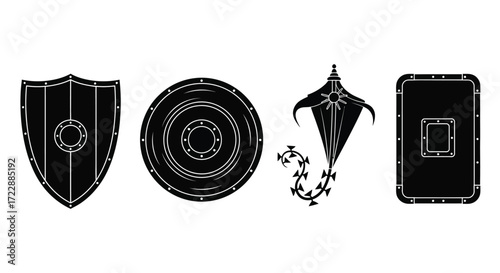Collection of four distinct heraldic shields and ornate symbols for design and emblems vector