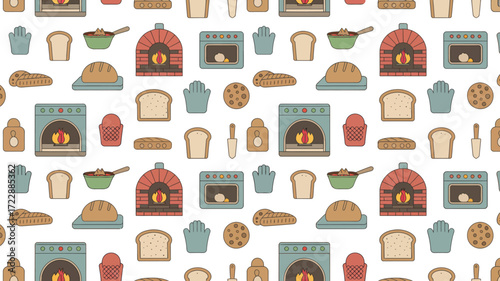 Whimsical baking pattern with ovens, bread, and kitchen tools