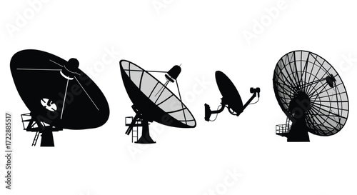 Set of three dish antennas communicating signals across vast distances in space vector