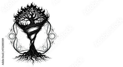Twisted vitality: a symbolic monochrome tree with vortex energy surge and geometric embrace