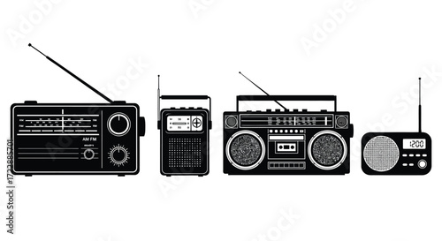 Collection of retro portable radios and boombox silhouette for vintage audio display vector