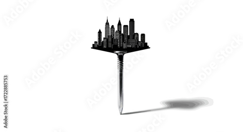 Urban landscape crafted on a nail head embodying fragility and construction contrast