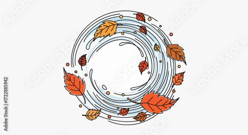 Whirlwind of autumnal leaves in delicate swirls against a serene backdrop depicting the enchanting