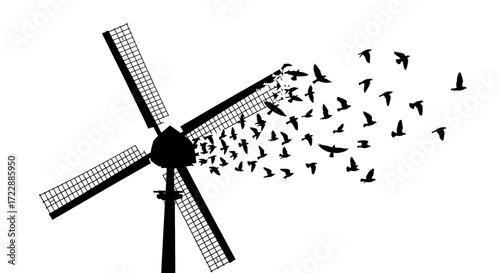 Windmill whispers in silhouette, a whirlwind of winged freedom taking flight into the boundless