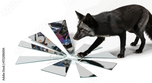 A curious silver fox cautiously stepping amidst a shattered mirror reflecting its image