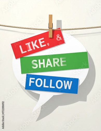 A social media invitation, a speech bubble with words like, share and follow, clipped to a rope