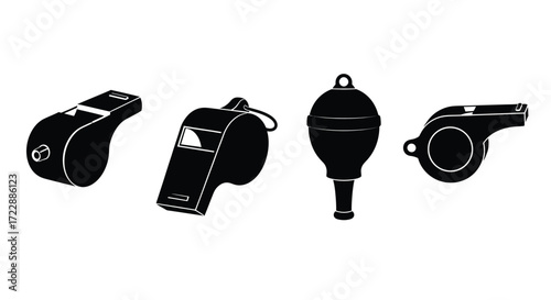 Set of four distinct black whistles for sports refereeing coaching and signaling vector