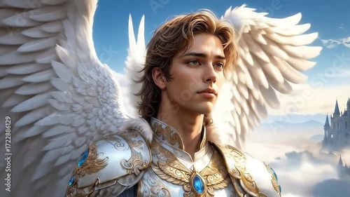 High detailed art illustration bible scene concept. Archangel in heaven.