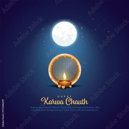 Indian Hindu Festival Happy Karwa Chauth background with strainer and diya isolated. Creative vector illustration design.