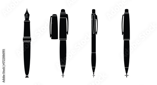 Collection of four black pens including a fountain pen and ballpoint pens vector