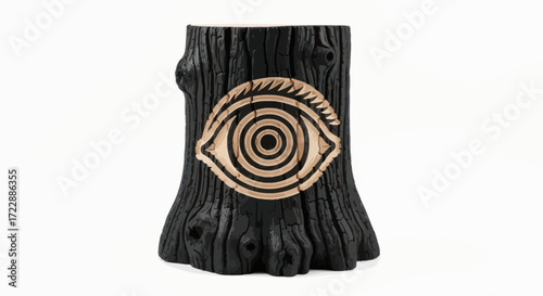 A symbolic union charred wood sculpture and concentric eye design captivating mysterious intrigue
