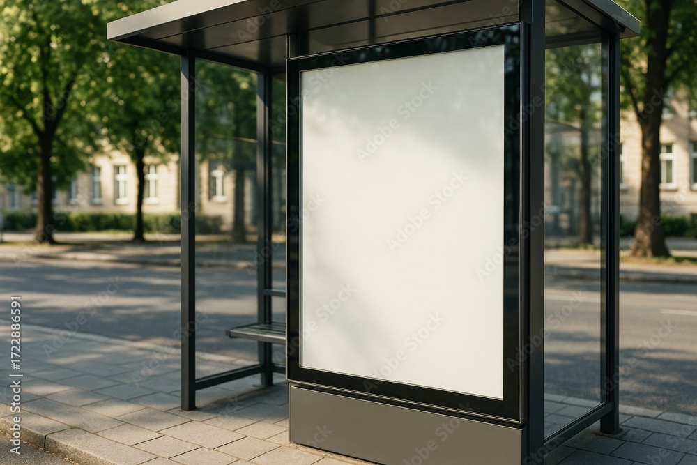 Fototapeta premium Blank advertising display at modern bus stop with clean layout and sunlight on empty city street background for branding or design mockup presentation.