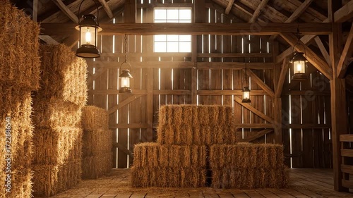 Wallpaper Mural Rustic Barn Interior with Hay Bales and Lanterns, Capturing the Essence of Rural Farm Life in a Warm, Golden Light Torontodigital.ca