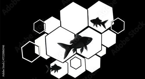 Abstract fish silhouettes within tessellating white hexagons in high contrast design