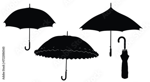 Collection of silhouetted umbrellas open and closed for rainy weather protection vector